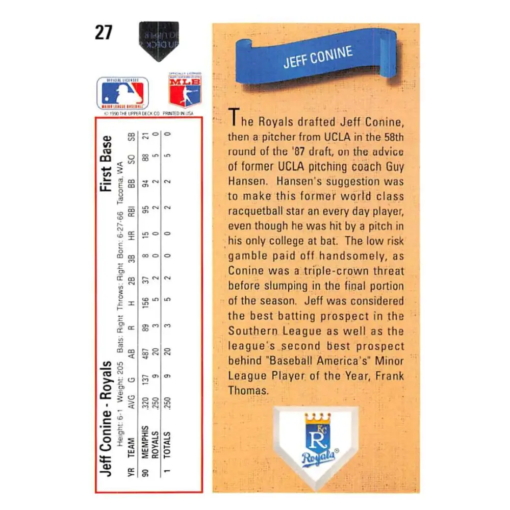 1991 Upper Deck #27 Jeff Conine EX Excellent RC Rookie Kansas City Royals Baseball Card Image 2