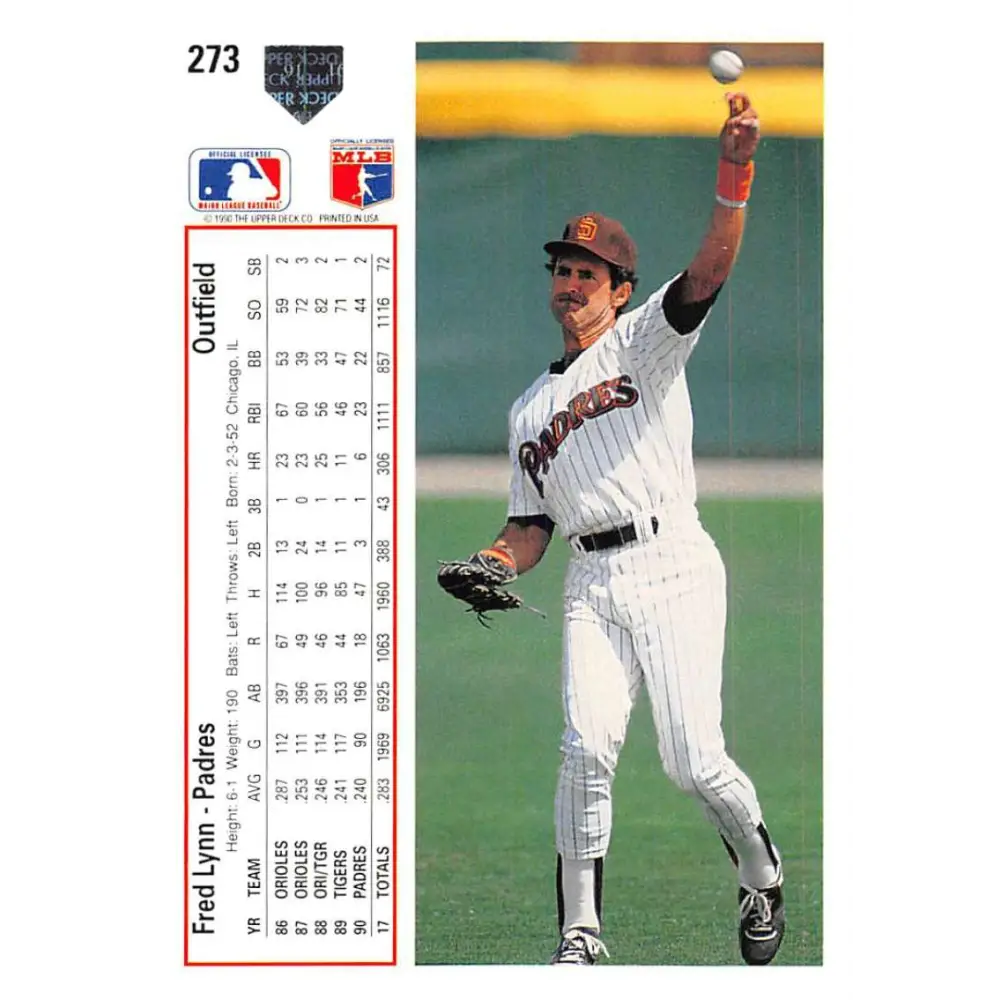 1991 Upper Deck #273 Fred Lynn EX Excellent San Diego Padres Baseball Card Image 2