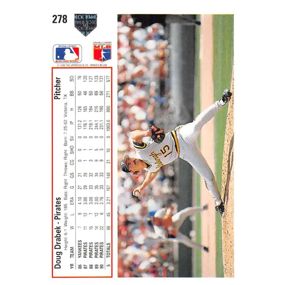 1991 Upper Deck #278 Doug Drabek NM-MT Pittsburgh Pirates Baseball Card Image 2
