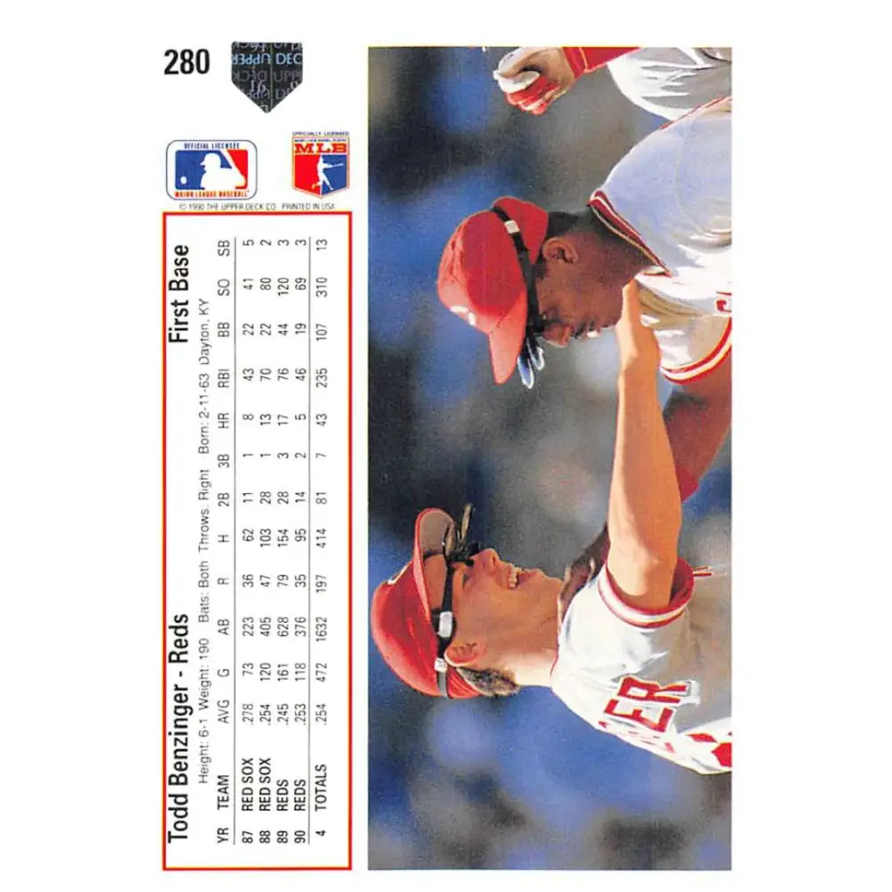 1991 Upper Deck #280 Todd Benzinger EX Excellent Cincinnati Reds Baseball Card Image 2
