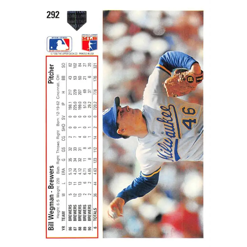 1991 Upper Deck #292 Bill Wegman EX Excellent Milwaukee Brewers Baseball Card Image 2