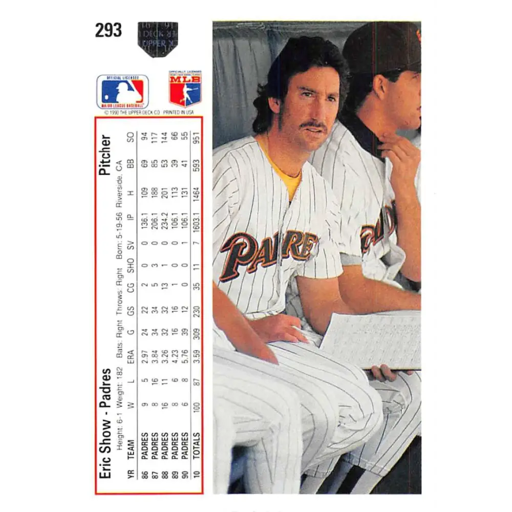 1991 Upper Deck #293 Eric Show EX Excellent San Diego Padres Baseball Card Image 2