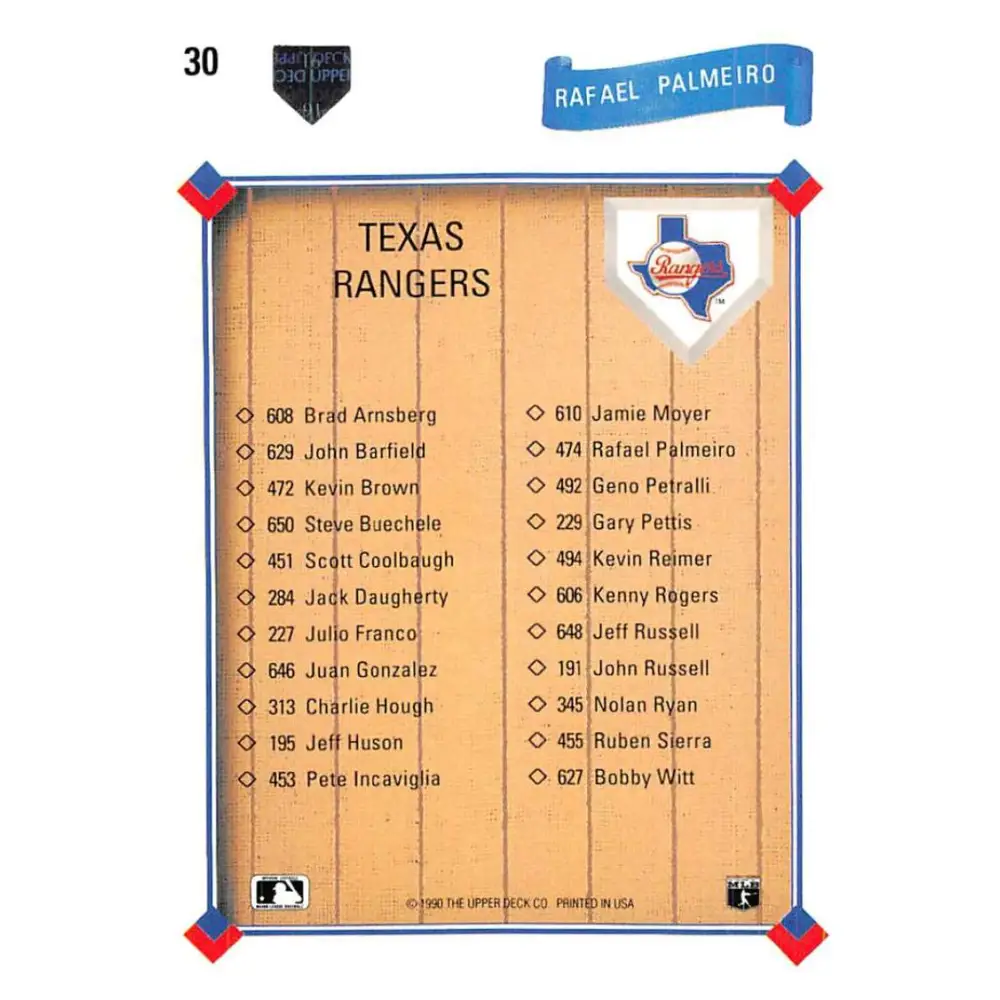 1991 Upper Deck #30 Rafael Palmeiro EX Excellent Texas Rangers Baseball Card Image 2