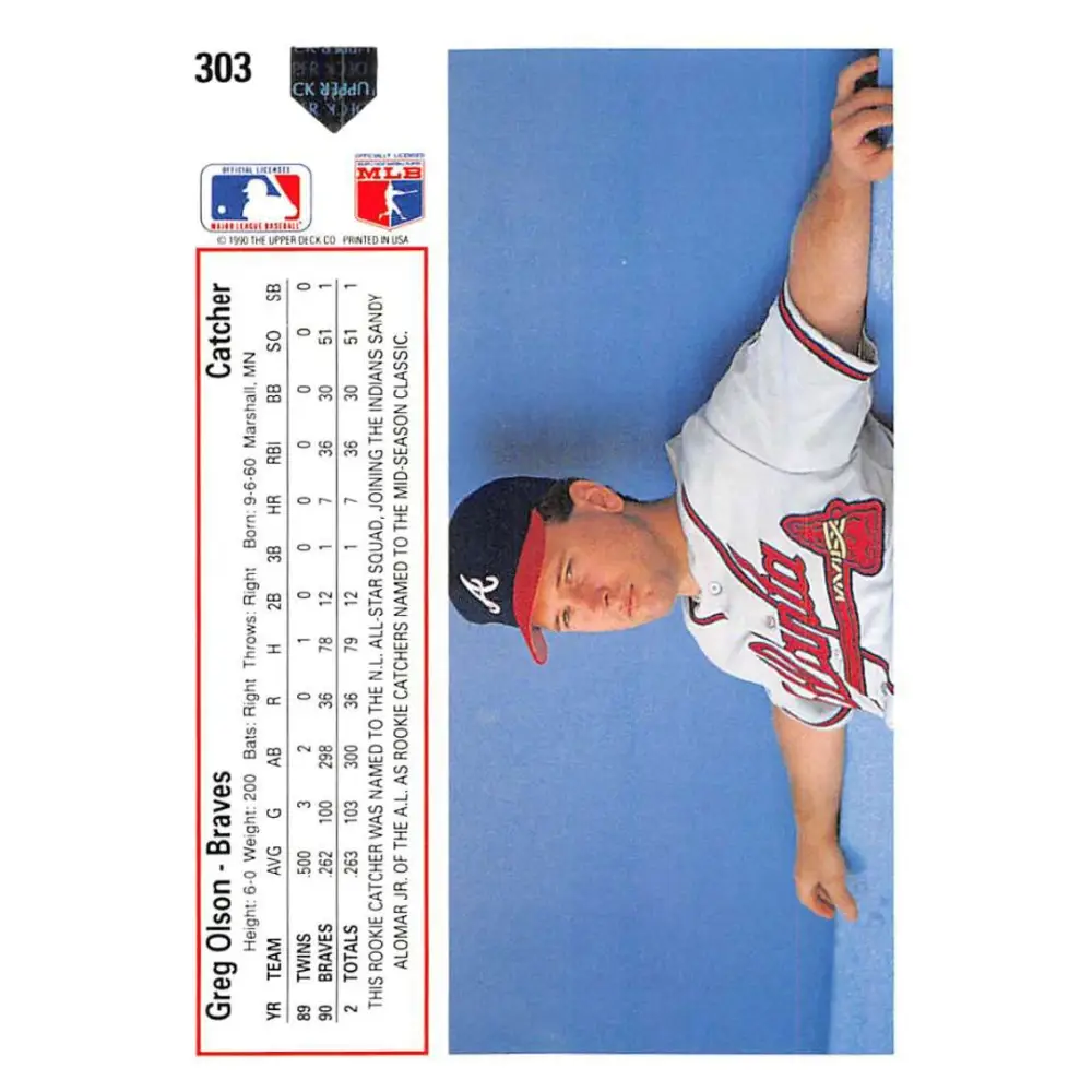 1991 Upper Deck #303 Greg Olson EX Excellent Atlanta Braves Baseball Card Image 2