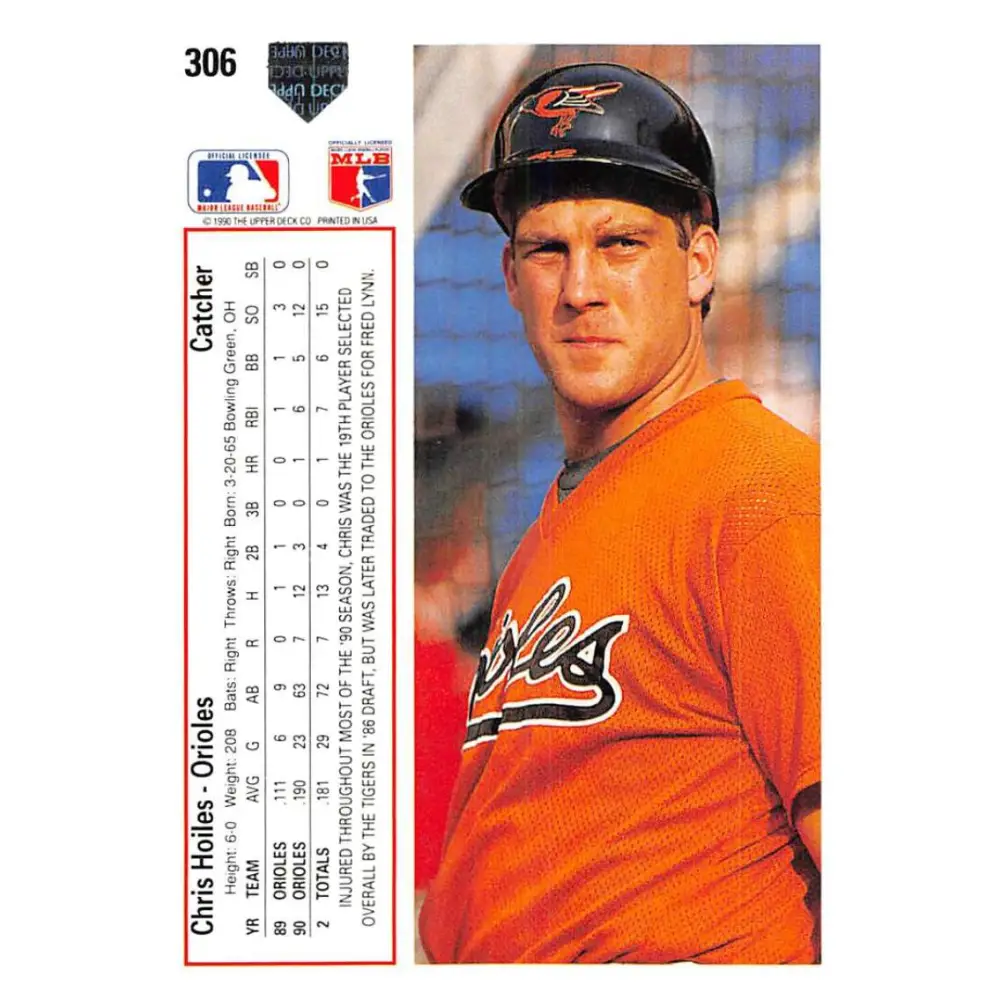 1991 Upper Deck #306 Chris Hoiles EX Excellent Baltimore Orioles Baseball Card Image 2