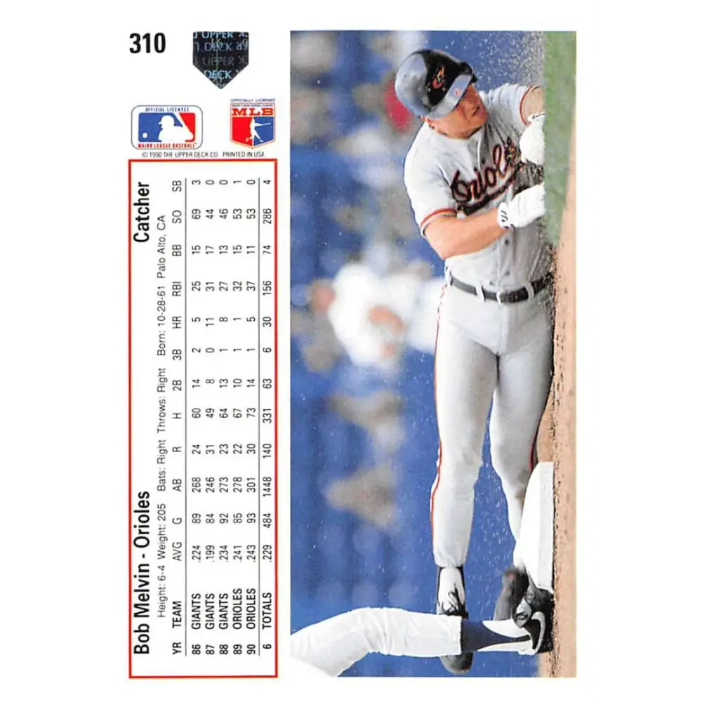 1991 Upper Deck #310 Bob Melvin EX Excellent Baltimore Orioles Baseball Card Image 2