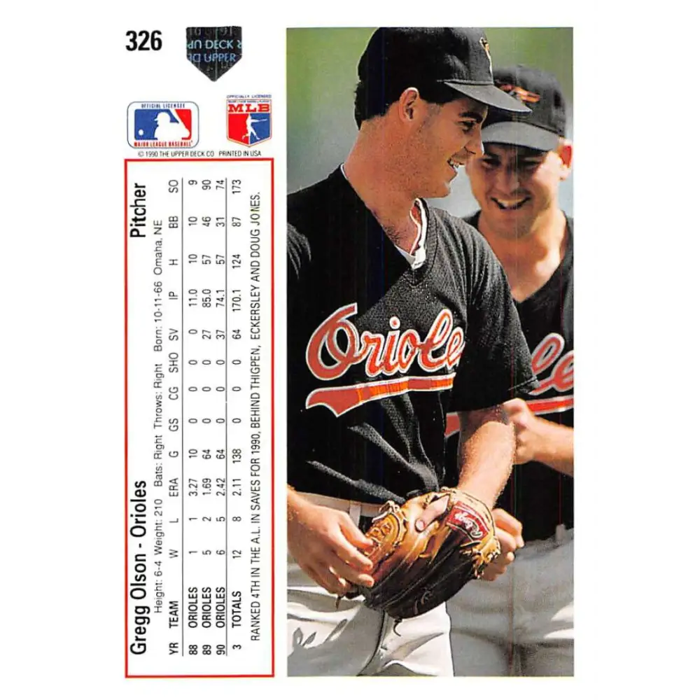 1991 Upper Deck #326 Gregg Olson NM-MT Baltimore Orioles Baseball Card Image 2