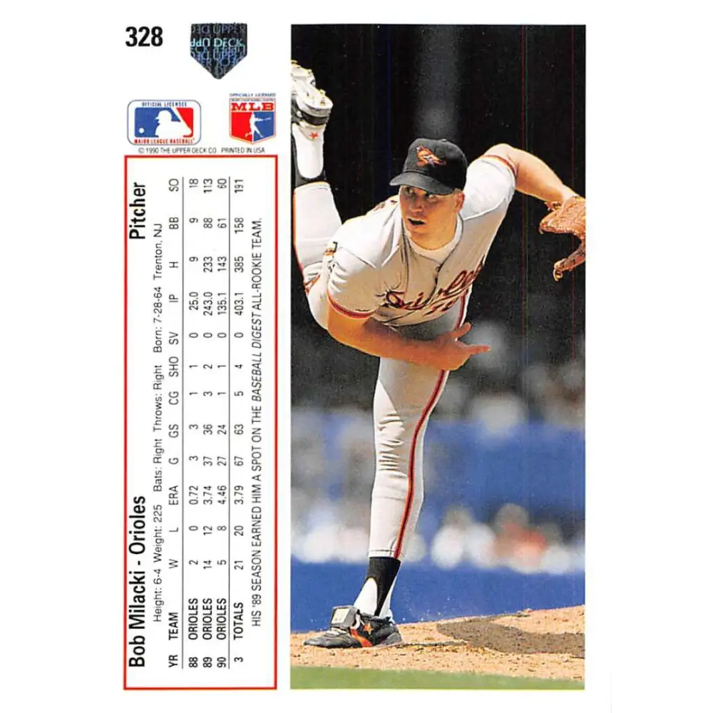 1991 Upper Deck #328 Bob Milacki NM-MT Baltimore Orioles Baseball Card Image 2