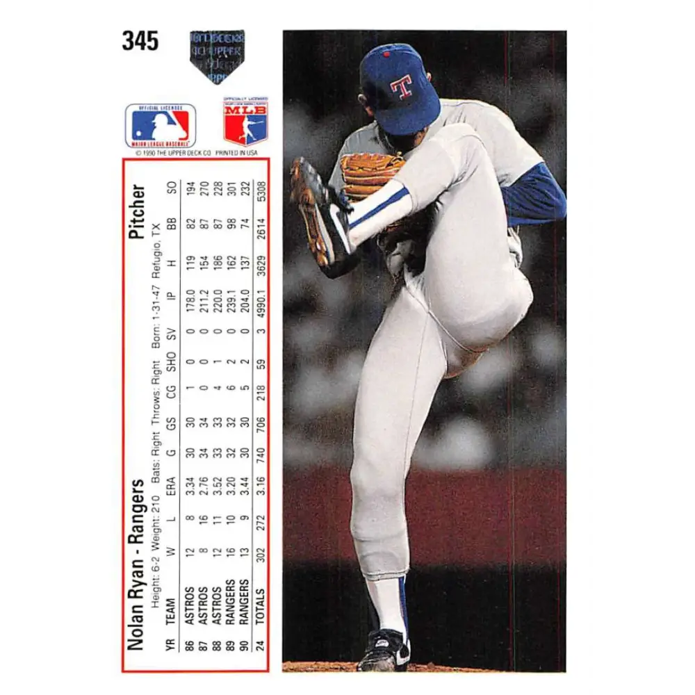 1991 Upper Deck #345 Nolan Ryan EX Excellent Texas Rangers Baseball Card Image 2