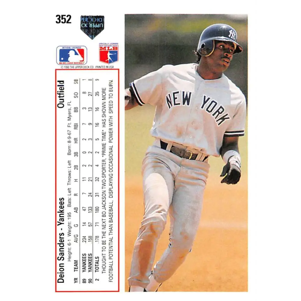 1991 Upper Deck #352 Deion Sanders NM-MT New York Yankees Baseball Card Image 2