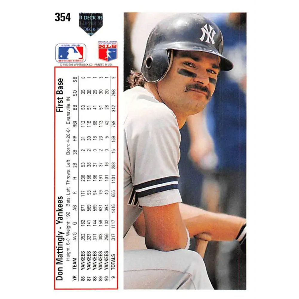 1991 Upper Deck #354 Don Mattingly EX Excellent New York Yankees Baseball Card Image 2