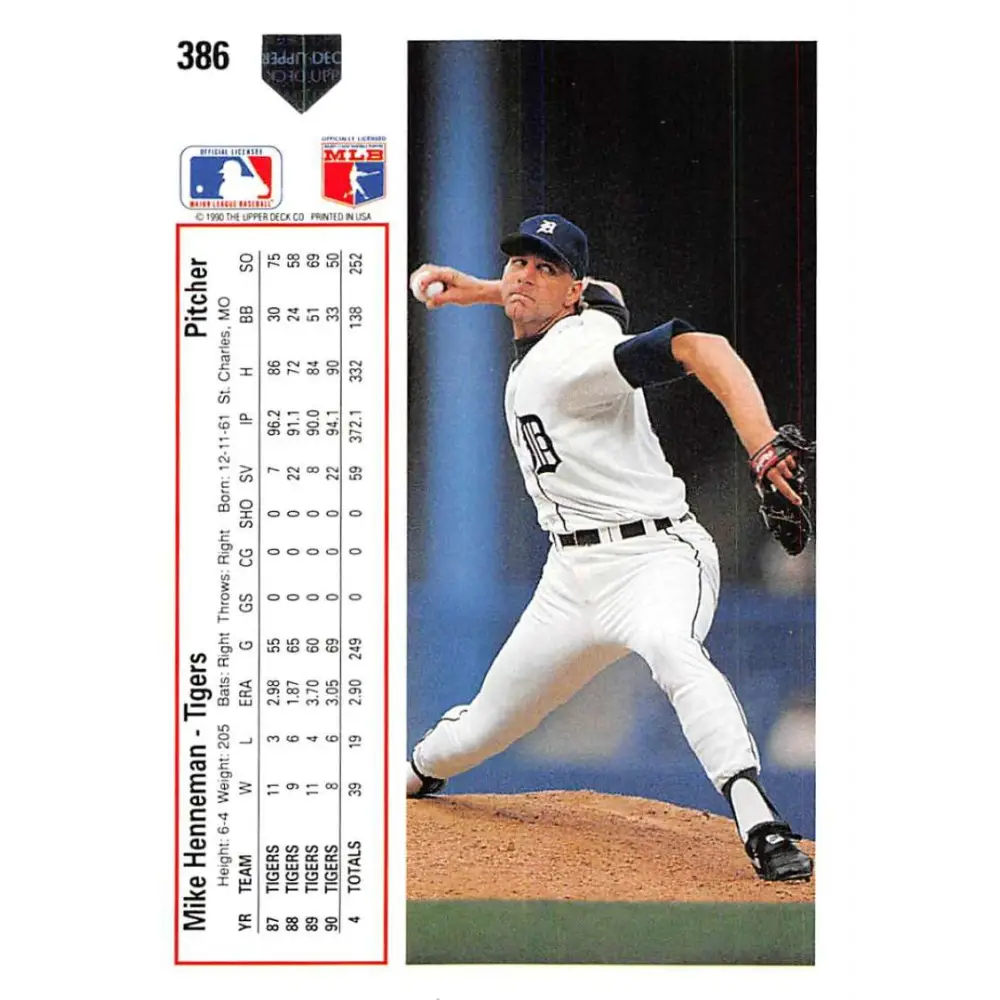 1991 Upper Deck #386 Mike Henneman NM-MT Detroit Tigers Baseball Card Image 2