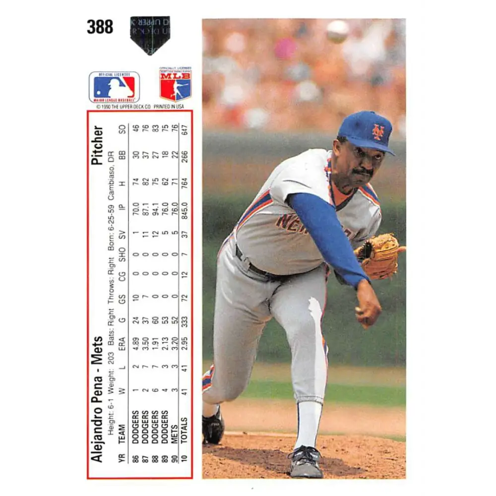 1991 Upper Deck #388 Alejandro Pena EX Excellent New York Mets Baseball Card Image 2