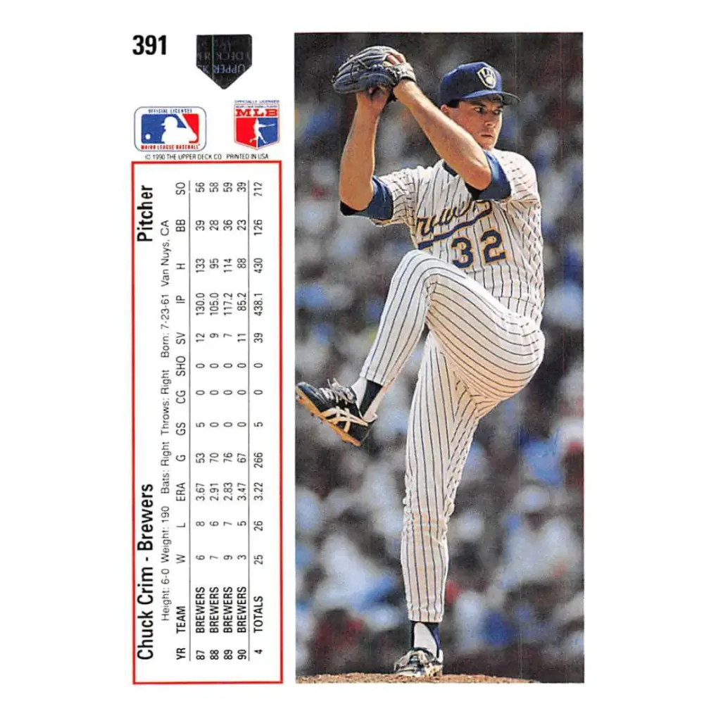 1991 Upper Deck #391 Chuck Crim EX Excellent Milwaukee Brewers Baseball Card Image 2