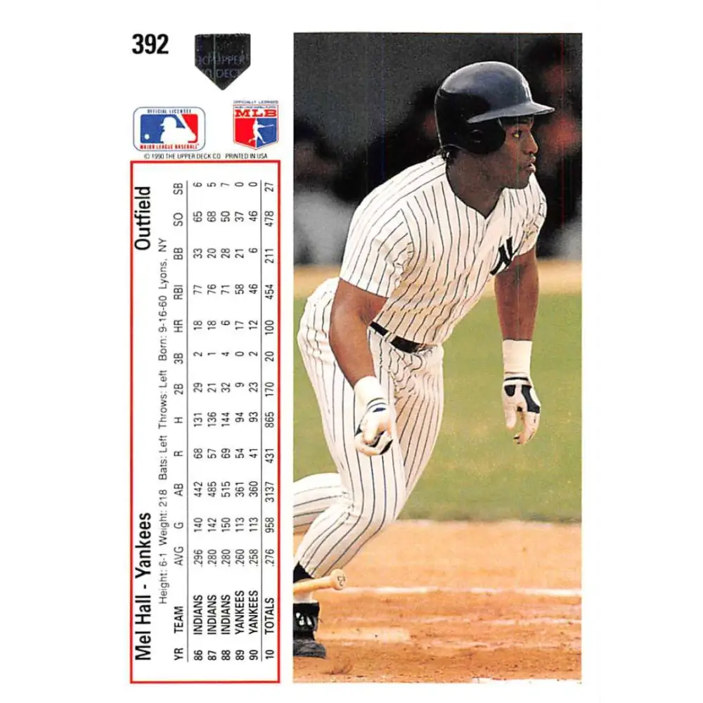 1991 Upper Deck #392 Mel Hall EX Excellent New York Yankees Baseball Card Image 2