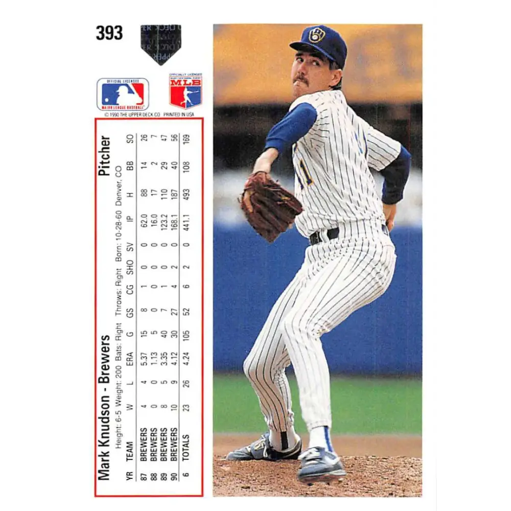 1991 Upper Deck #393 Mark Knudson EX Excellent Milwaukee Brewers Baseball Card Image 2