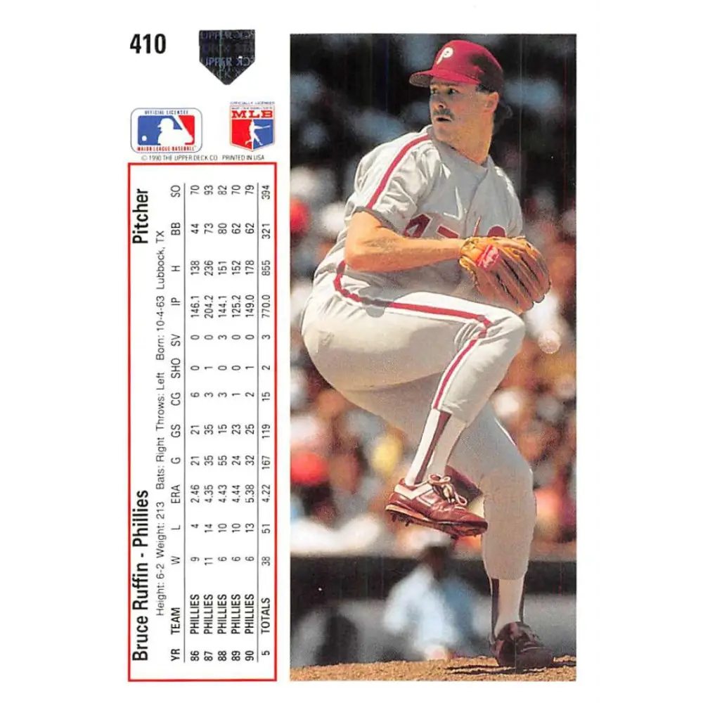 1991 Upper Deck #410 Bruce Ruffin EX Excellent Philadelphia Phillies Baseball Card Image 2