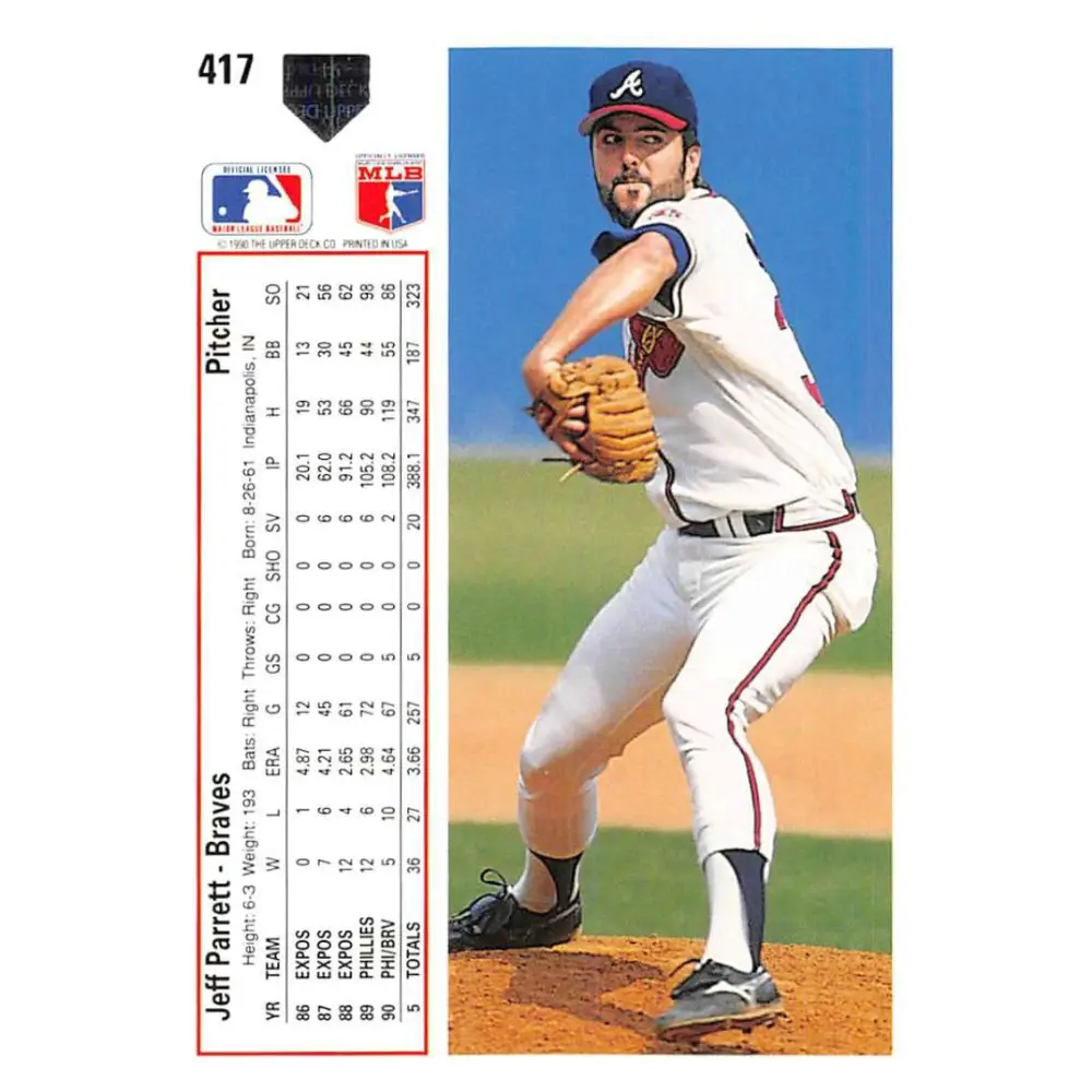 1991 Upper Deck #417 Jeff Parrett EX Excellent Atlanta Braves Baseball Card Image 2