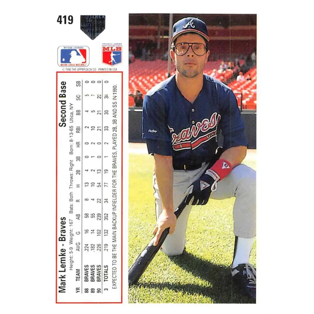 1991 Upper Deck #419 Mark Lemke EX Excellent Atlanta Braves Baseball Card Image 2