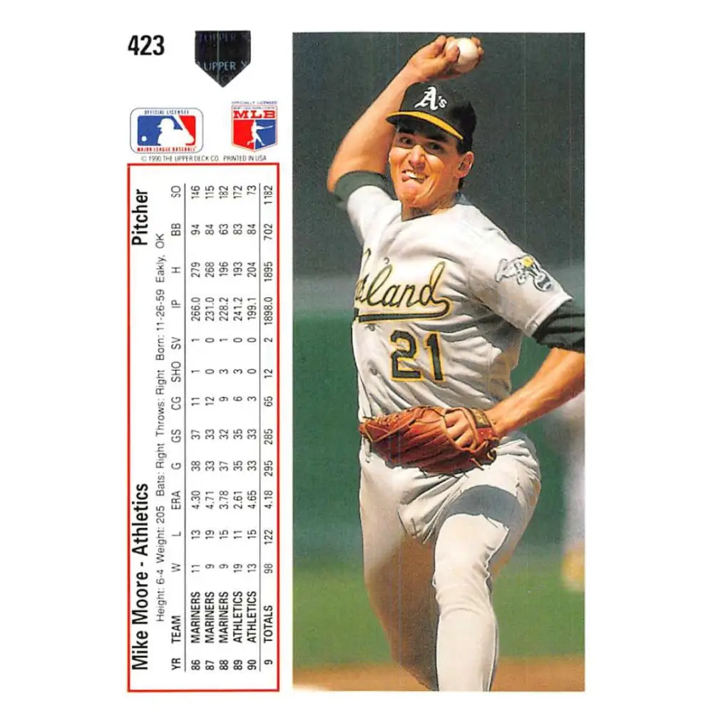 1991 Upper Deck #423 Mike Moore EX Excellent Oakland Athletics Baseball Card Image 2