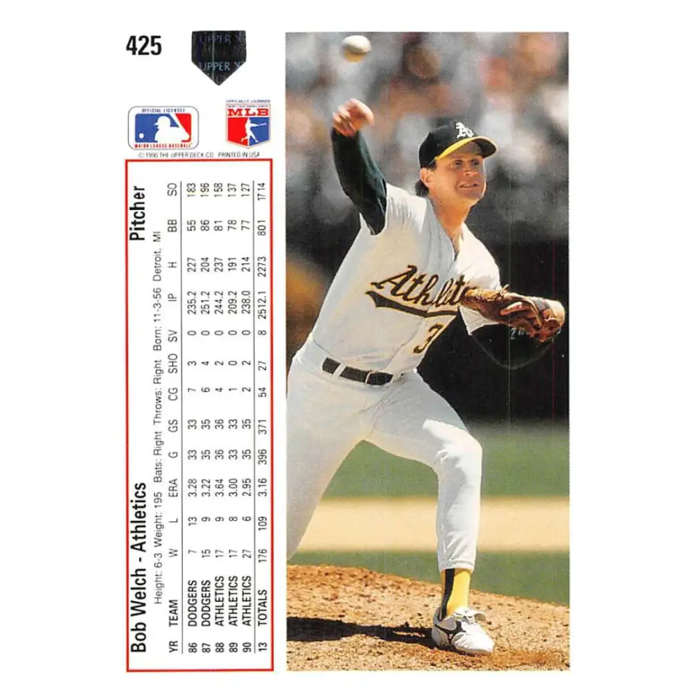 1991 Upper Deck #425 Bob Welch EX Excellent Oakland Athletics Baseball Card Image 2