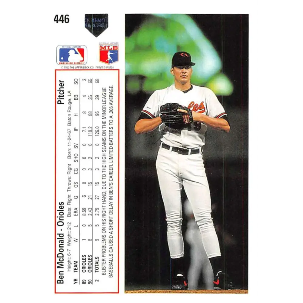 1991 Upper Deck #446 Ben McDonald EX Excellent Baltimore Orioles Baseball Card Image 2