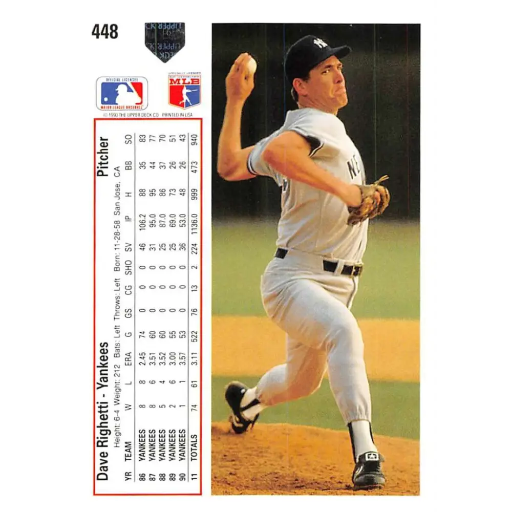 1991 Upper Deck #448 Dave Righetti NM-MT New York Yankees Baseball Card Image 2