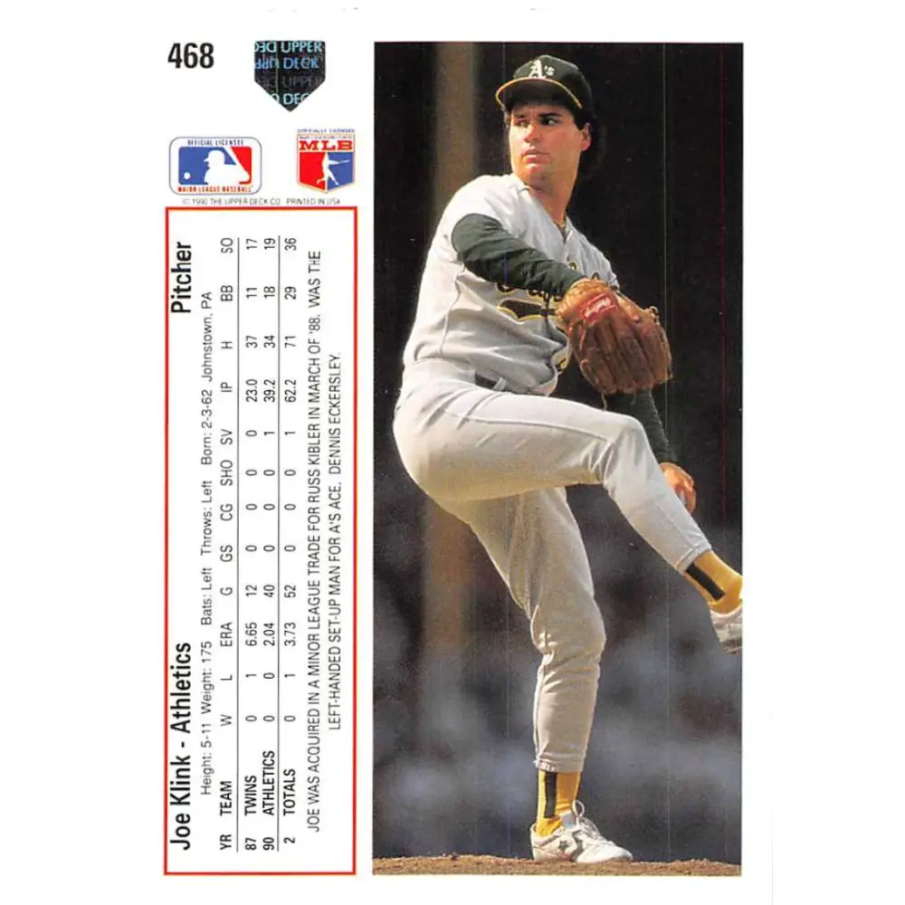 1991 Upper Deck #468 Joe Klink EX Excellent Oakland Athletics Baseball Card Image 2