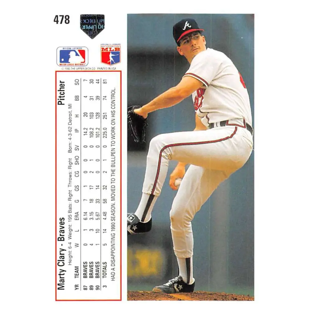 1991 Upper Deck #478 Marty Clary EX Excellent Atlanta Braves Baseball Card Image 2