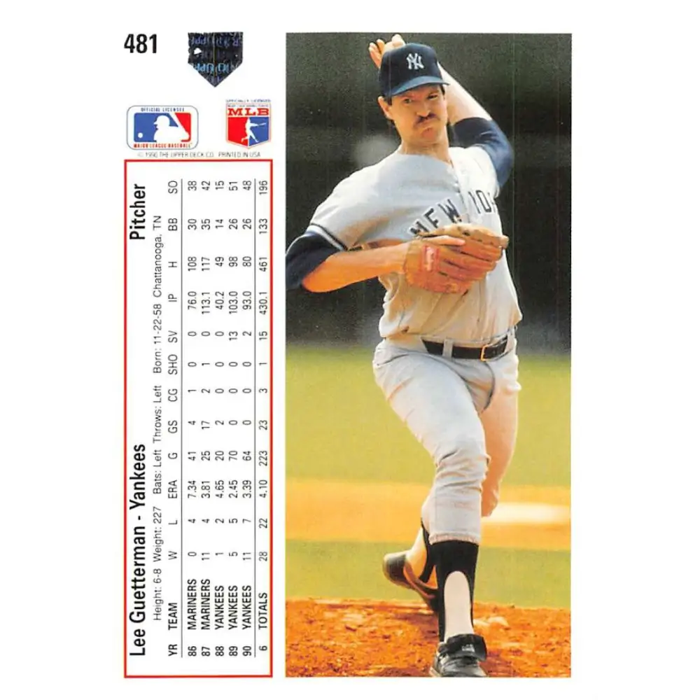 1991 Upper Deck #481 Lee Guetterman EX Excellent New York Yankees Baseball Card Image 2