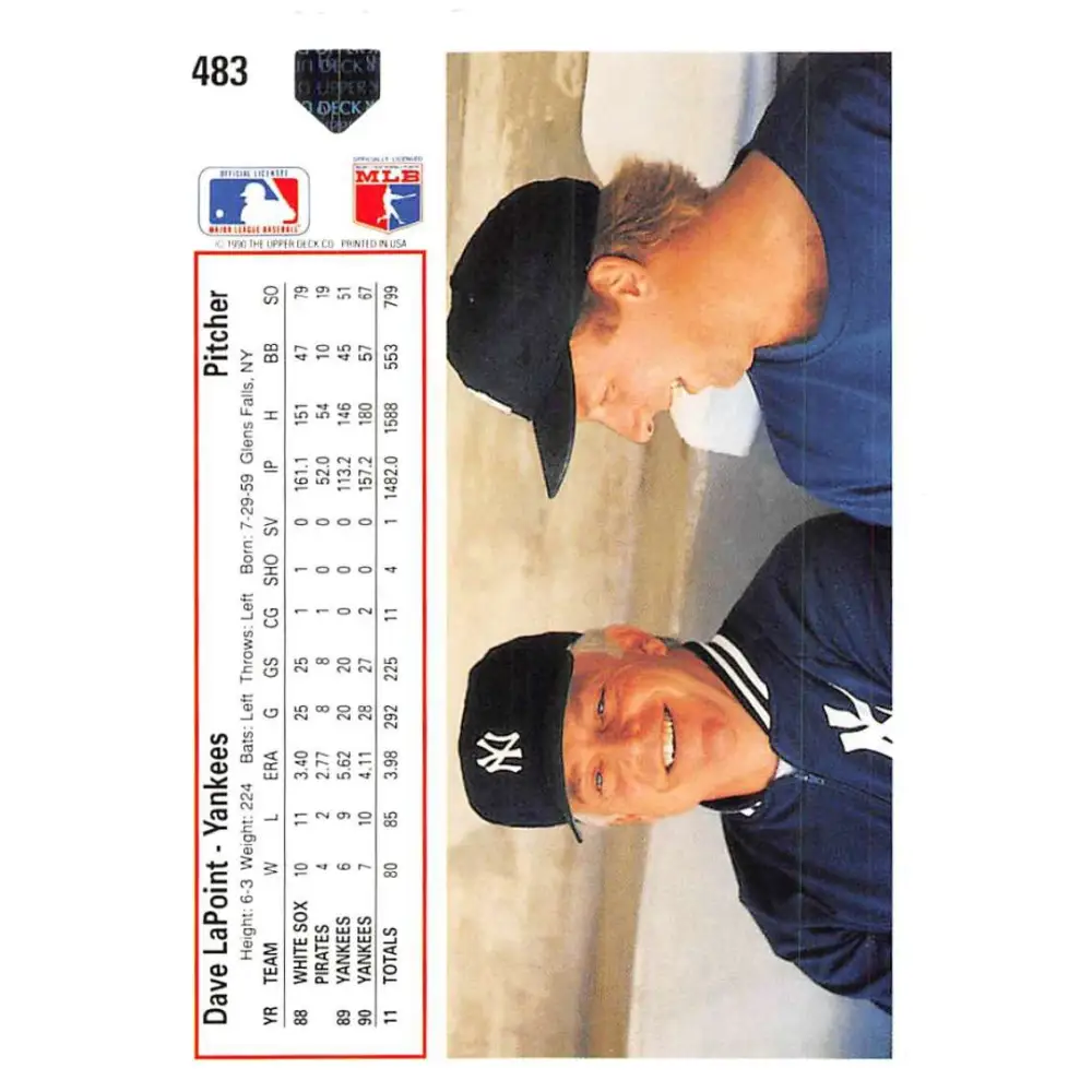 1991 Upper Deck #483 Dave LaPoint EX Excellent New York Yankees Baseball Card Image 2