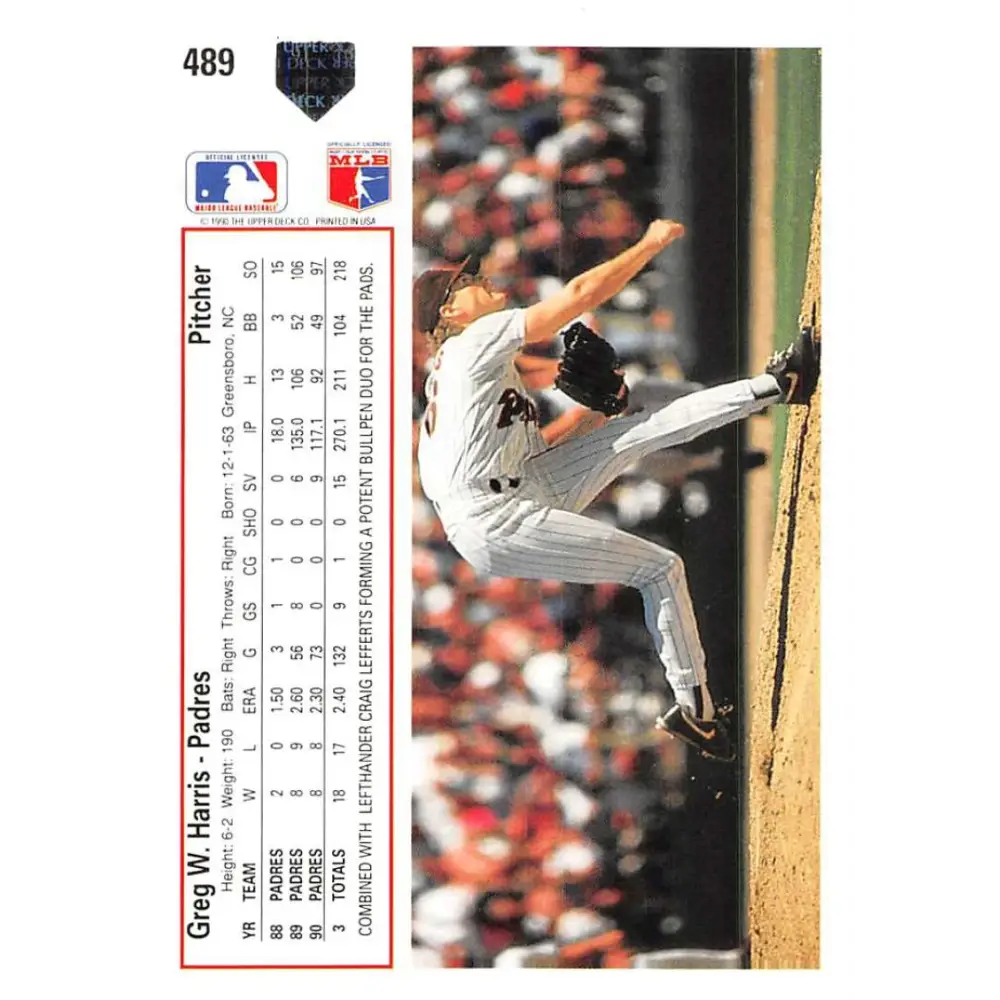 1991 Upper Deck #489 Greg Harris NM-MT San Diego Padres Baseball Card Image 2