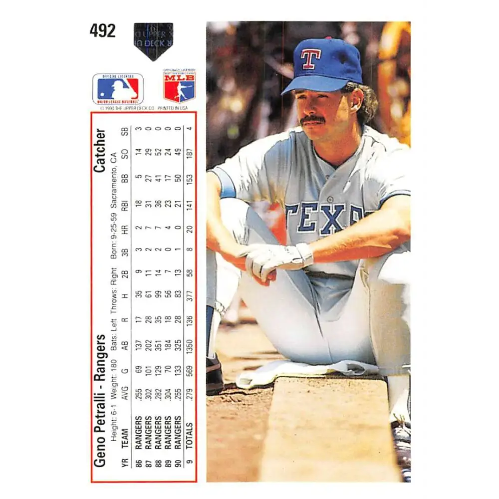 1991 Upper Deck #492 Geno Petralli NM-MT Texas Rangers Baseball Card Image 2