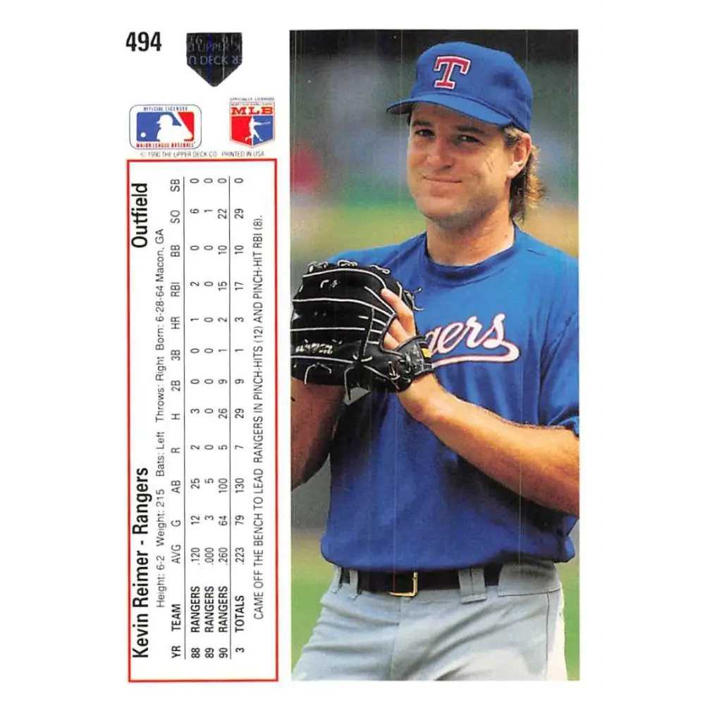 1991 Upper Deck #494 Kevin Reimer NM-MT Texas Rangers Baseball Card Image 2