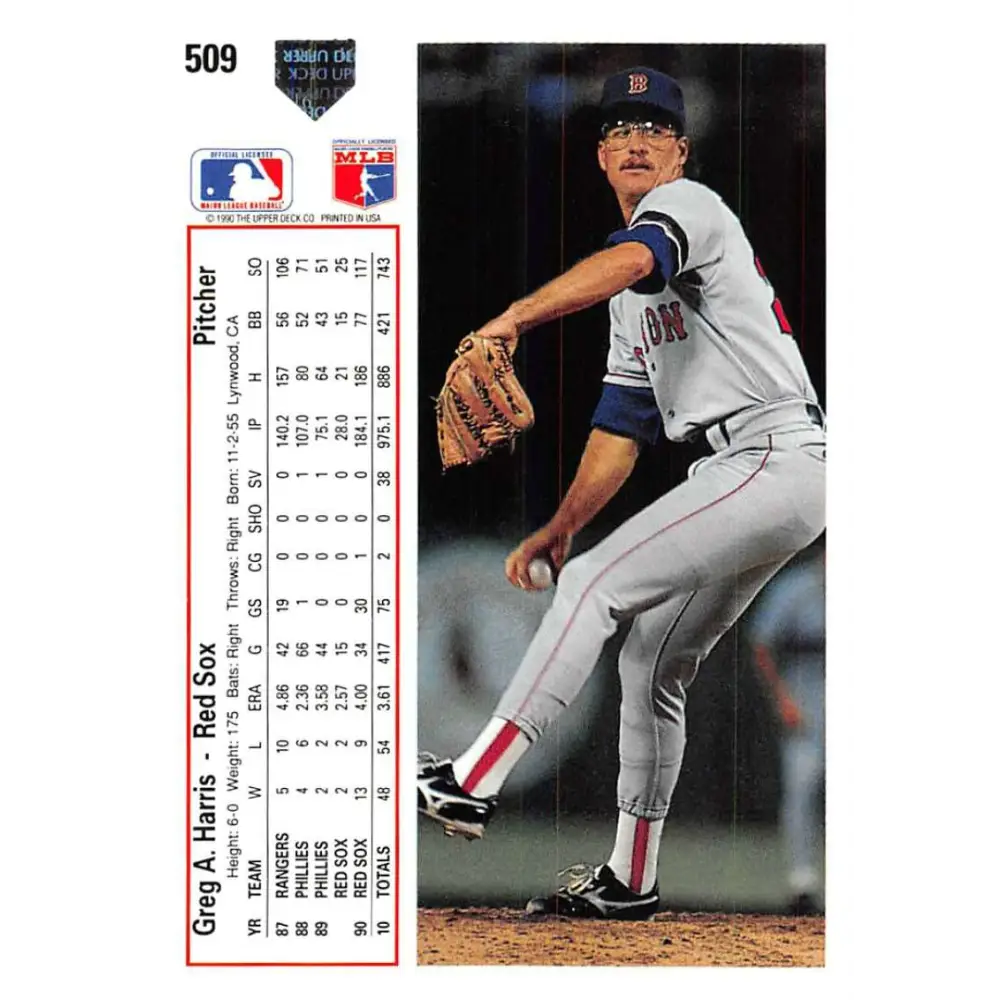 1991 Upper Deck #509 Greg Harris NM-MT Boston Red Sox Baseball Card Image 2