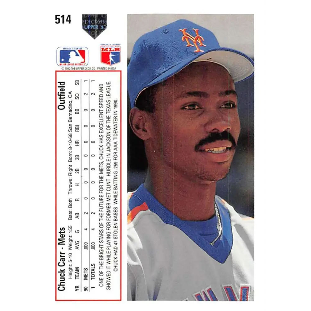 1991 Upper Deck #514 Chuck Carr NM-MT New York Mets Baseball Card Image 2