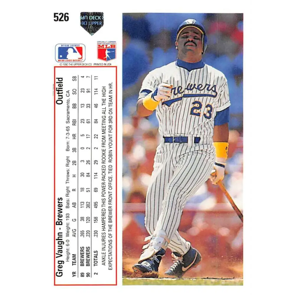 1991 Upper Deck #526 Greg Vaughn NM-MT Milwaukee Brewers Baseball Card Image 2