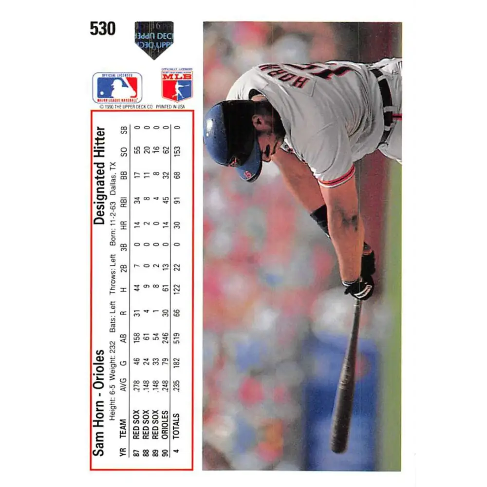1991 Upper Deck #530 Sam Horn NM-MT Baltimore Orioles Baseball Card Image 2
