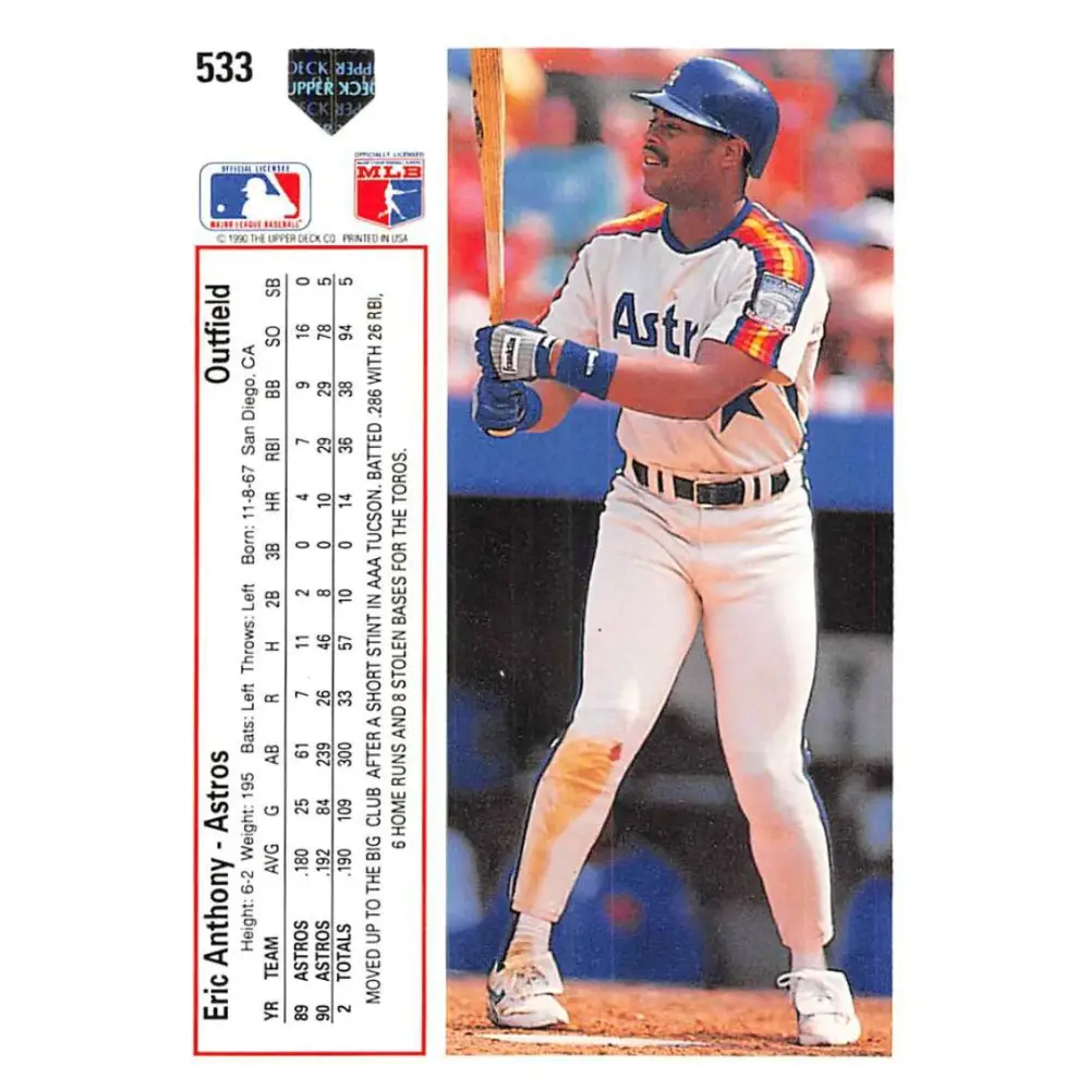 1991 Upper Deck #533 Eric Anthony EX Excellent Houston Astros Baseball Card Image 2