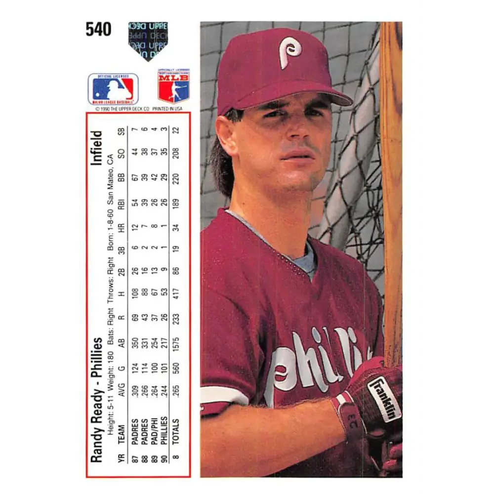 1991 Upper Deck #540 Randy Ready NM-MT Philadelphia Phillies Baseball Card Image 2