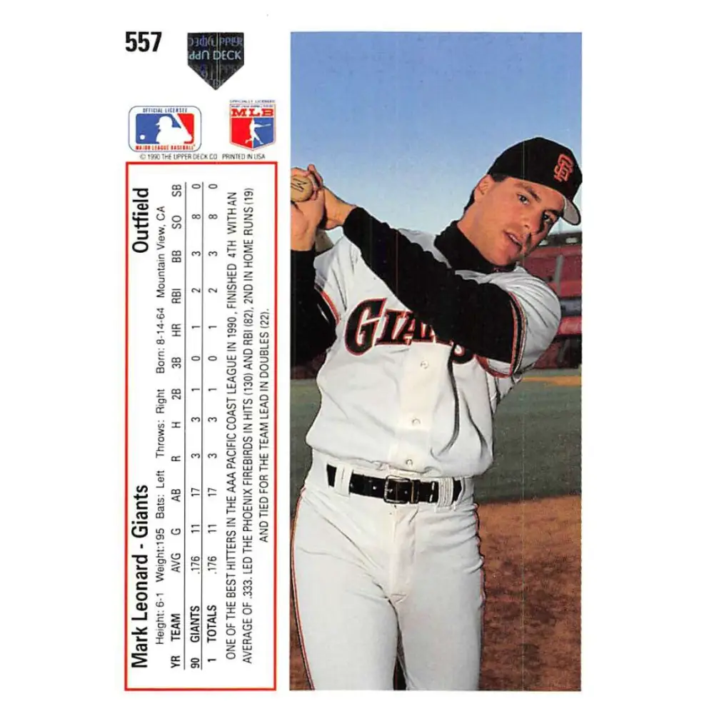 1991 Upper Deck #557 Mark Leonard EX Excellent RC Rookie San Francisco Giants Baseball Card Image 2