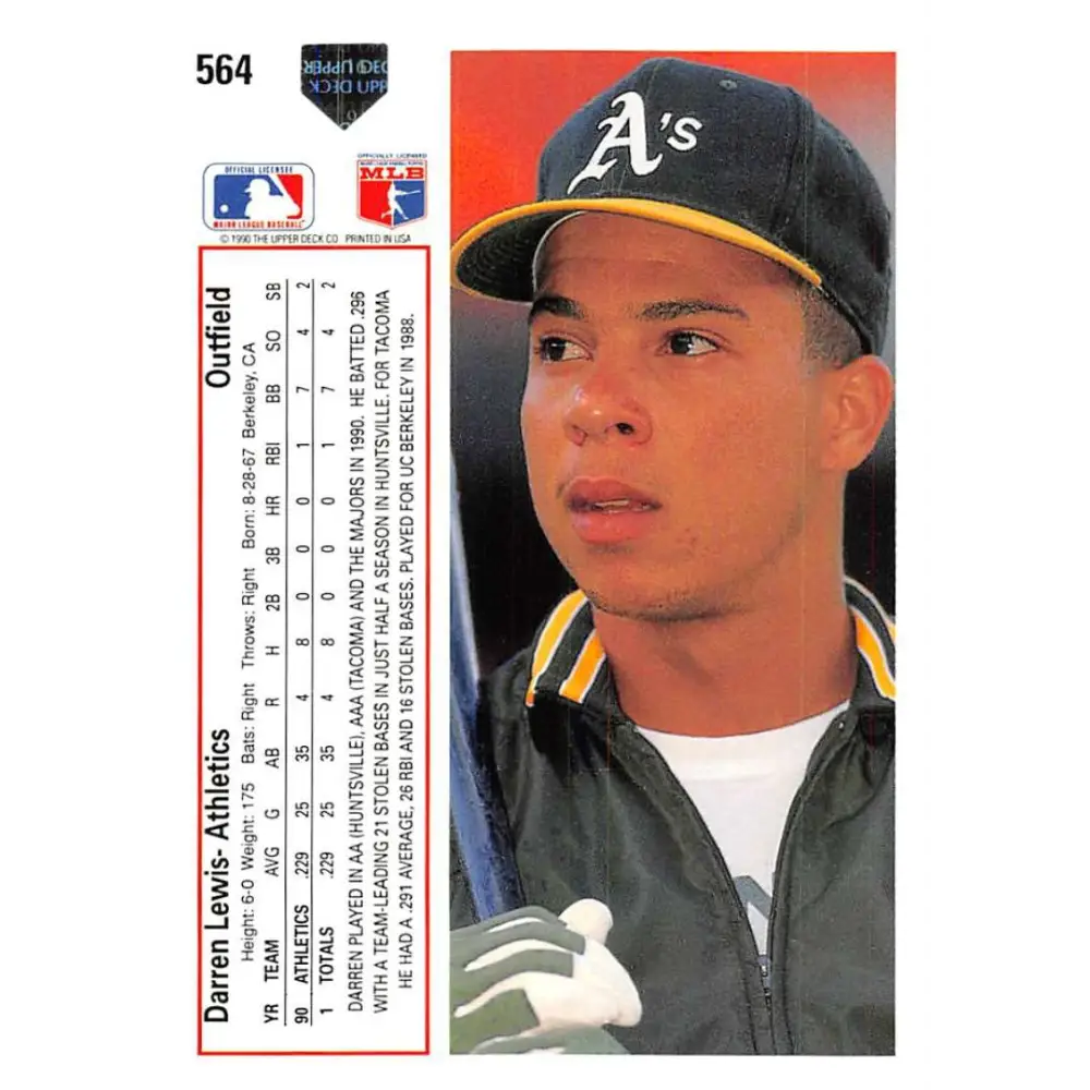 1991 Upper Deck #564 Darren Lewis NM-MT Oakland Athletics Baseball Card Image 2