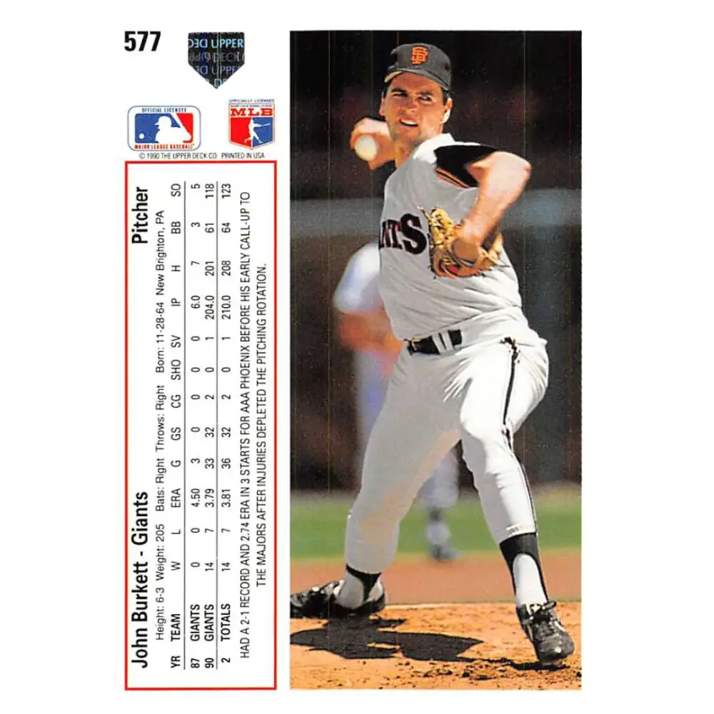 1991 Upper Deck #577 John Burkett EX Excellent San Francisco Giants Baseball Card Image 2