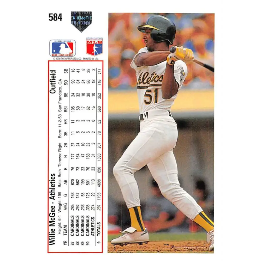 1991 Upper Deck #584 Willie McGee EX Excellent Oakland Athletics Baseball Card Image 2
