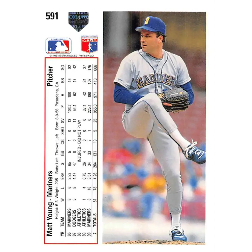 1991 Upper Deck #591 Matt Young EX Excellent Seattle Mariners Baseball Card Image 2