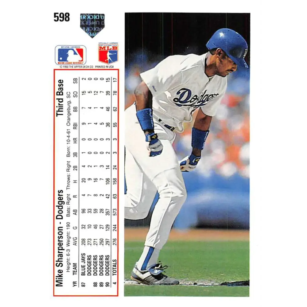 1991 Upper Deck #598 Mike Sharperson NM-MT Los Angeles Dodgers Baseball Card Image 2