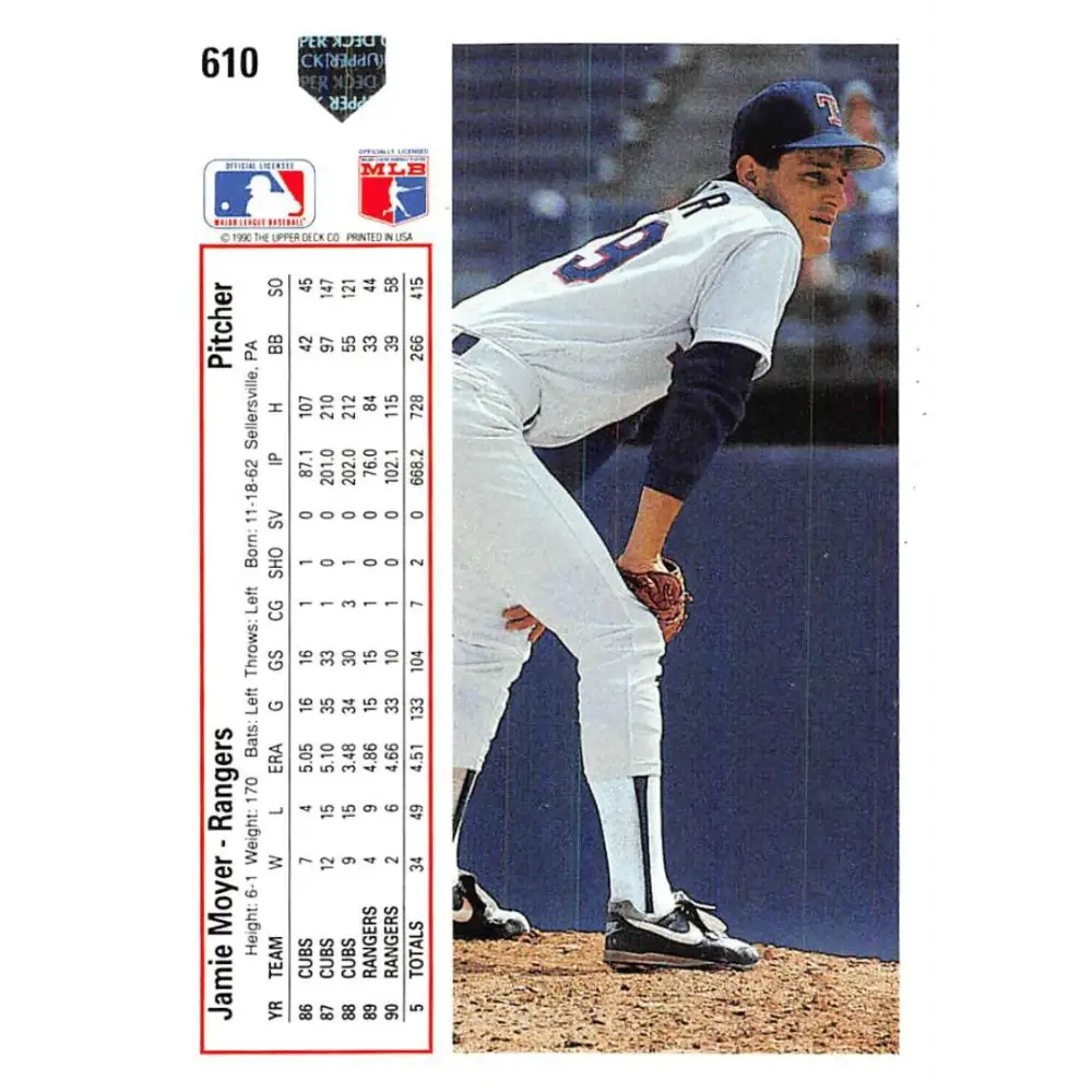 1991 Upper Deck #610 Jamie Moyer EX Excellent Texas Rangers Baseball Card Image 2
