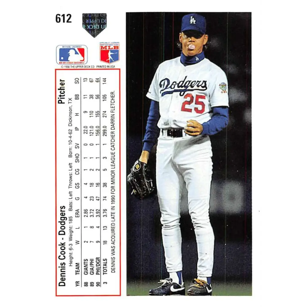 1991 Upper Deck #612 Dennis Cook EX Excellent Los Angeles Dodgers Baseball Card Image 2