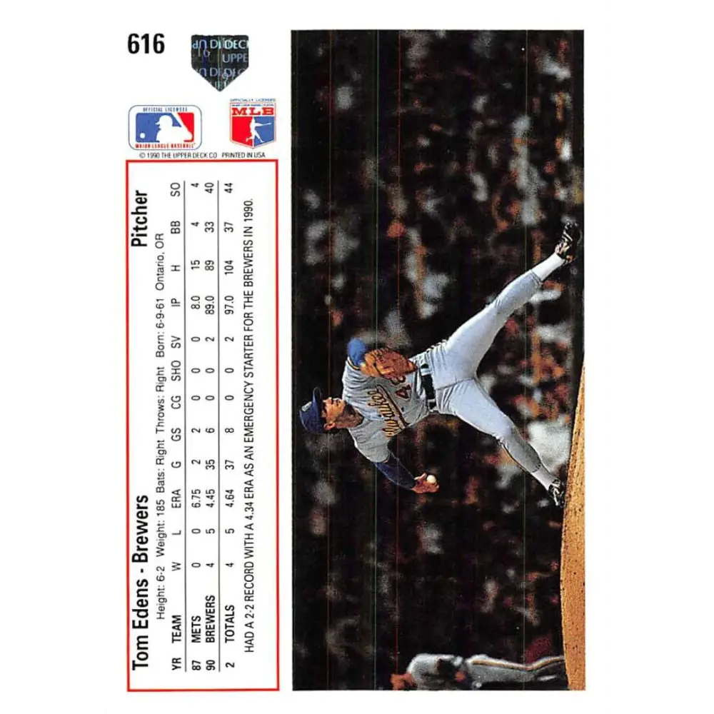 1991 Upper Deck #616 Tom Edens EX Excellent RC Rookie Milwaukee Brewers Baseball Card Image 2