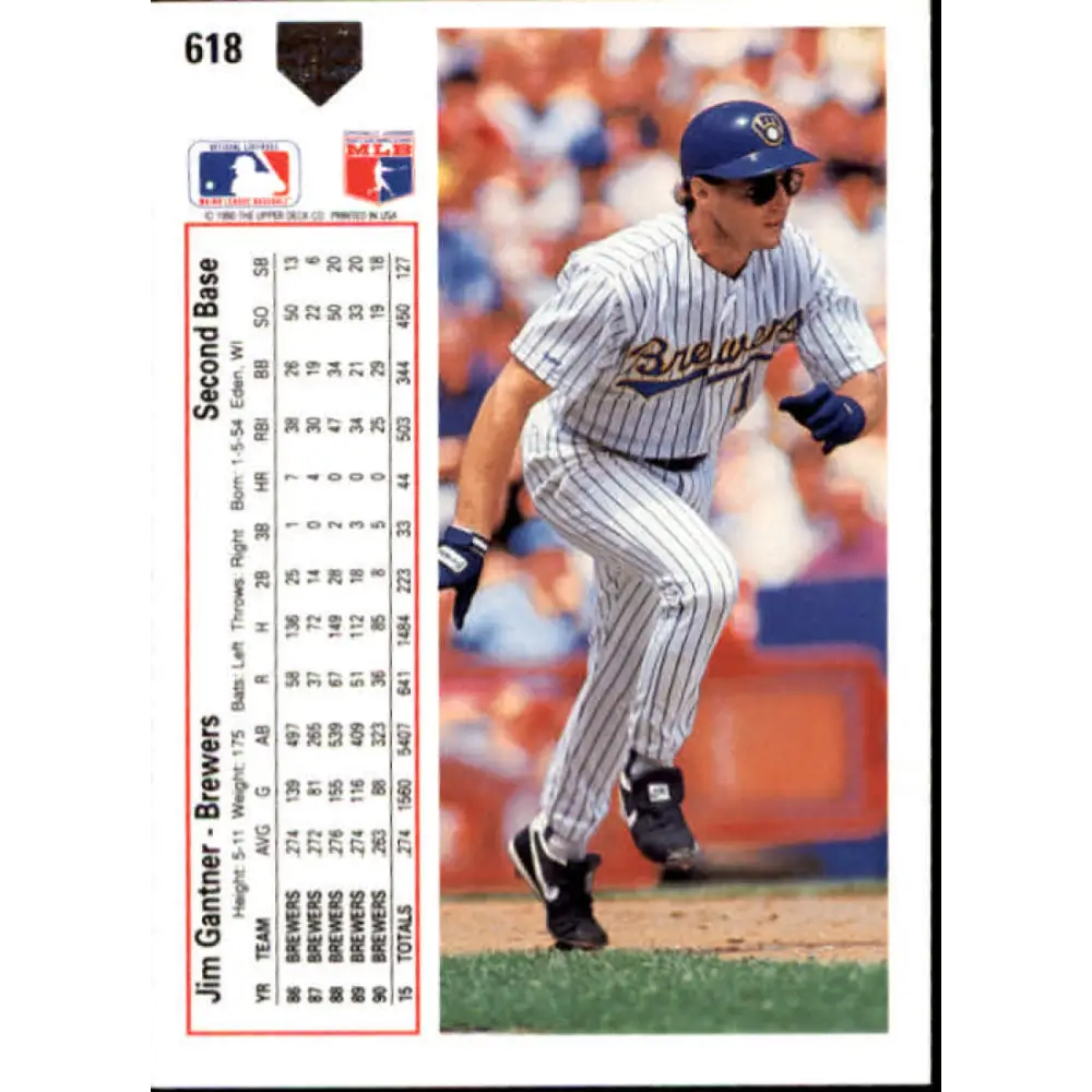 1991 Upper Deck #618 Jim Gantner EX Excellent Milwaukee Brewers Baseball Card Image 2